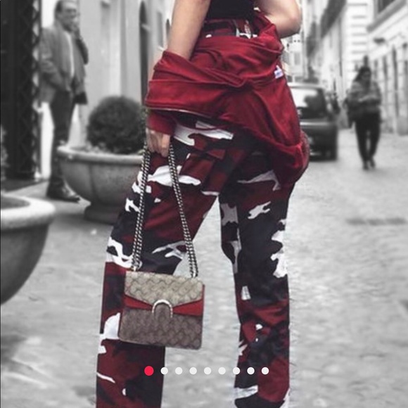 burgundy camouflage pants